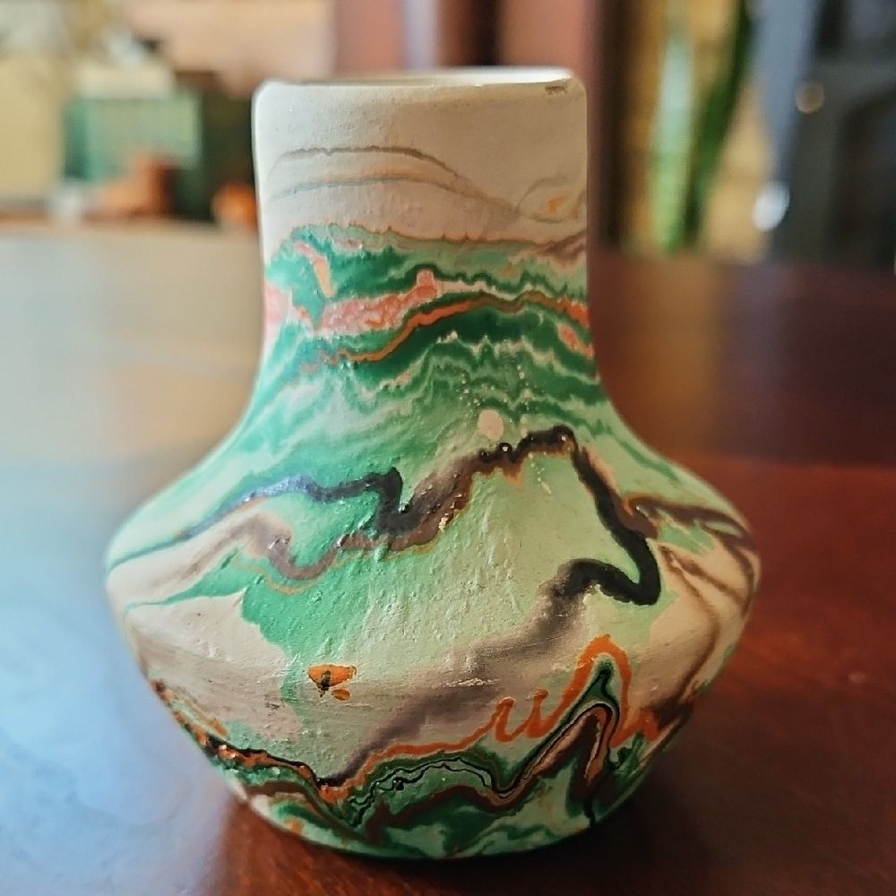 Nemadji Pottery Swirl Vase Green, Orange, Black & Brown Marbled Native Clay USA